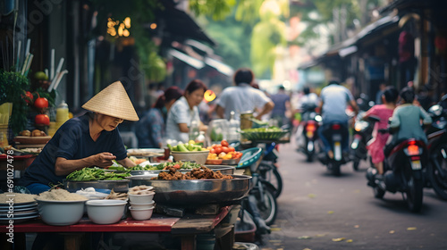 Bustling street food scene in Ho Chi Minh City Vietnam with vendors and local delicacies.