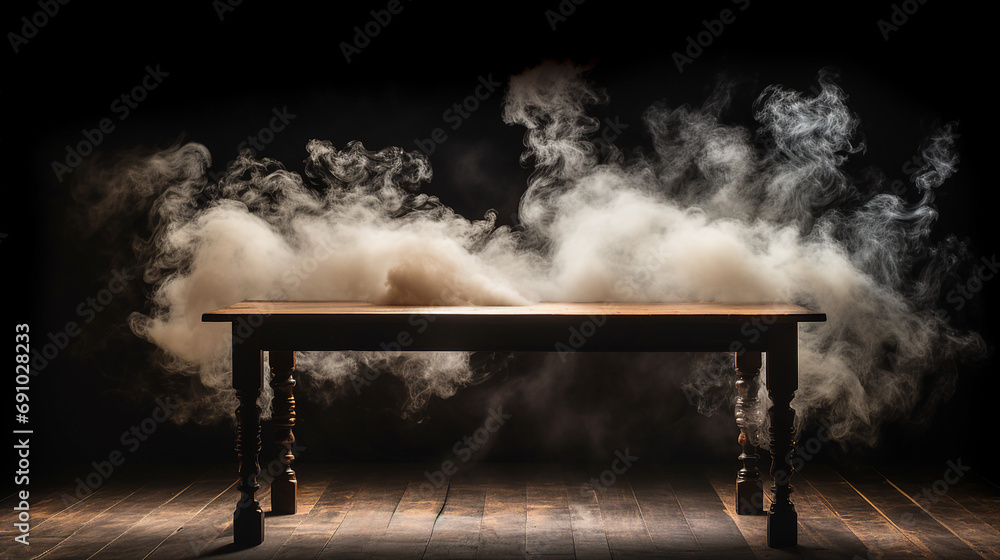 Ethereal Smoke on a Dark Wooden Table: Abstract Minimalist Composition, Moody Atmosphere - Artistic Concept for Mysterious Interior Design and Creative Copy Space.