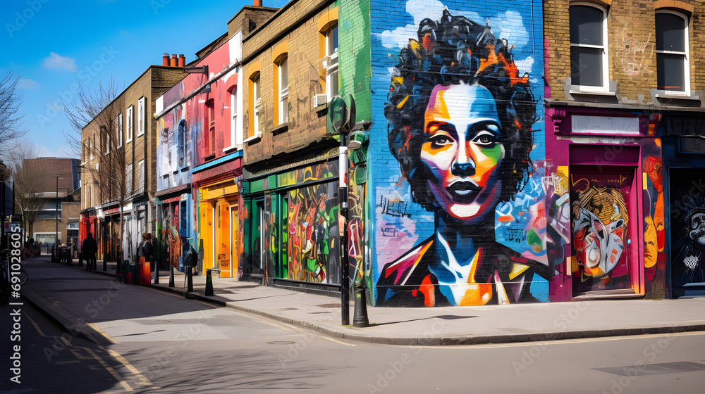 Naklejka premium Kolorowa sztuka uliczna w artystycznej dzielnicy Camden w Londynie.