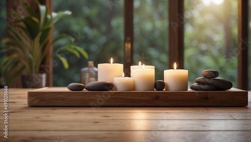 Spa still life with candles and stones on wooden table. Tranquil and fresh background for Spa, Yoga or meditation with space for text