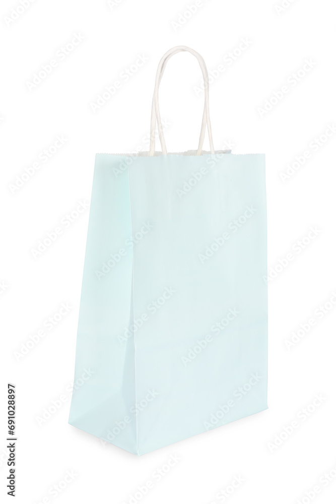 One light green paper shopping bag isolated on white One light green paper shopping bag isolated on white