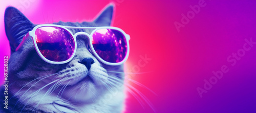 A cute grey domestic cat in sunglasses on a trendy gradient purple background. Pets portrait. The cat is relaxing in a nightclub background with copyspace.
