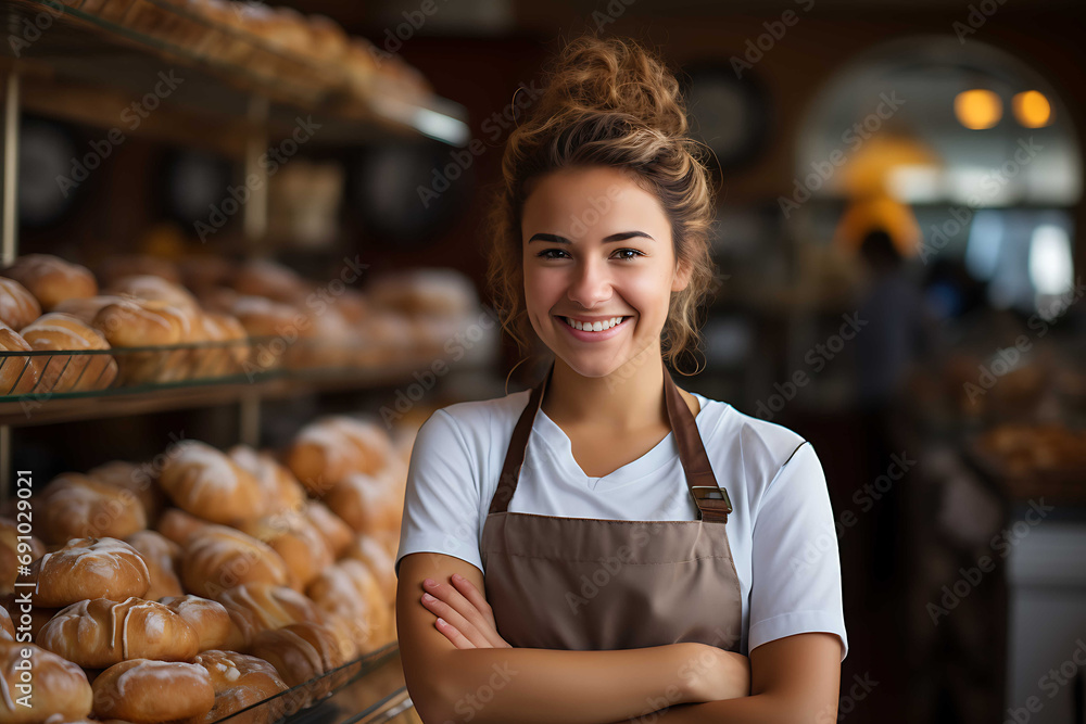Happy bakery owner smiling proudly at her confectionery store. Cheerful female baker working at her shop. Woman or girl sells bread and buns.
