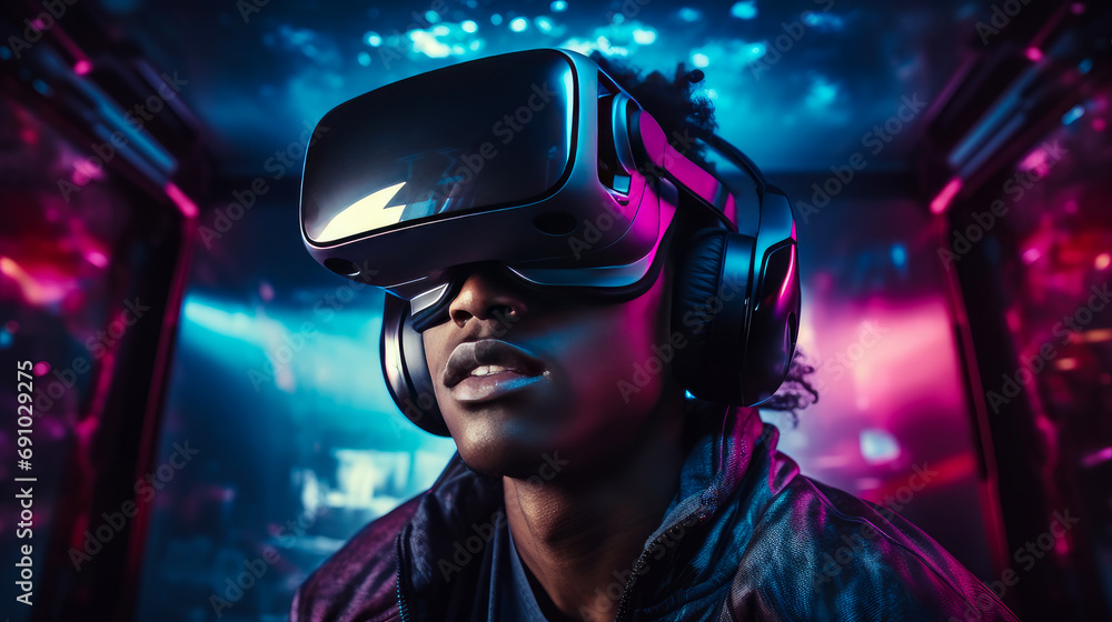 Portrait of a happy smiling enthusiastic african american black man guy person wearing a virtual reality headset. Portrait of a happy smiling enthusiastic african american black man guy person wearing a virtual reality headset.