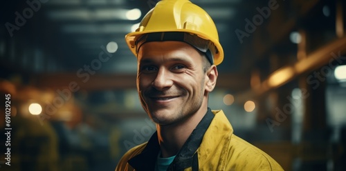 Portrait of satisfied construction site project manager wearing safety vest yellow helmet background. Young architect watching construction site with confidence looking at camera. Copy space
