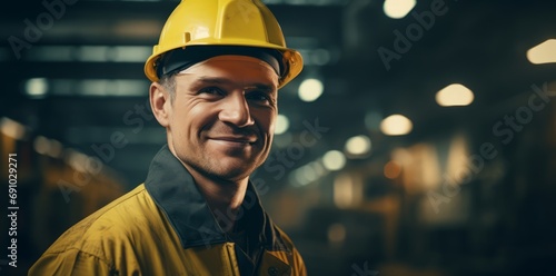 Portrait of satisfied construction site project manager wearing safety vest yellow helmet background. Young architect watching construction site with confidence looking at camera. Copy space
