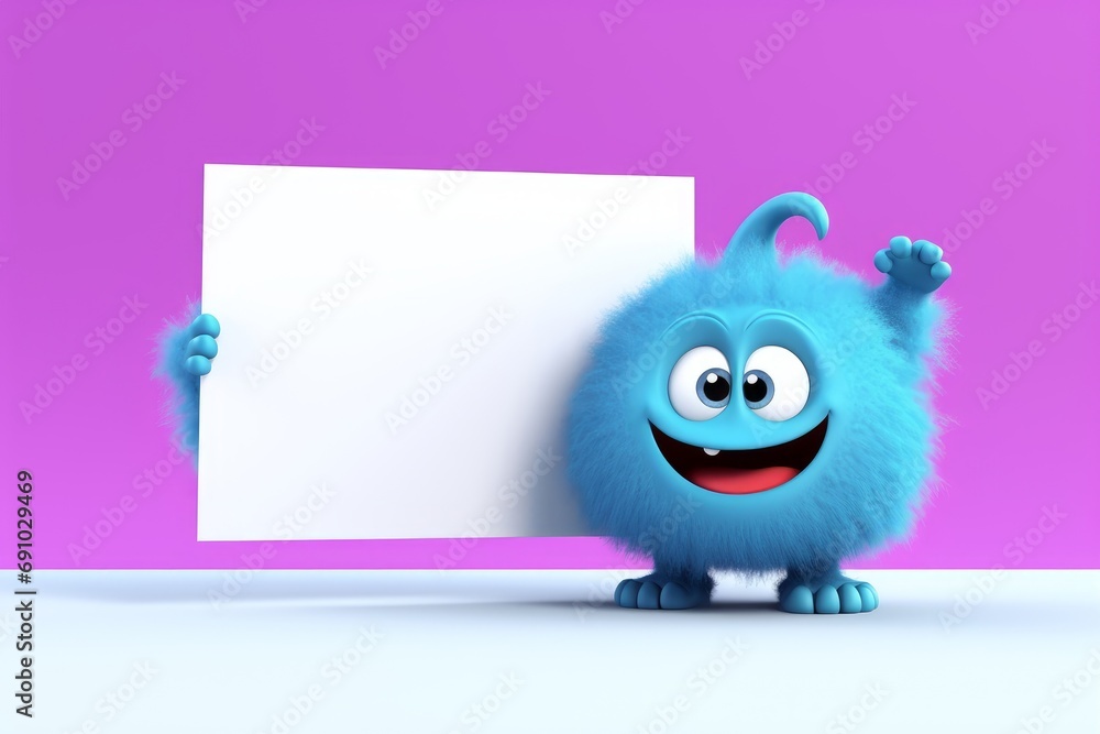 3d cute monster holding up a blank sign,colorful cartoon character,empty banner, Generative AI  - obrazy, fototapety, plakaty 