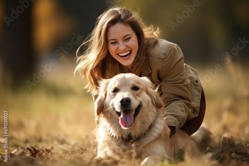Young woman joyfully playing with her energetic Labrador retriever, outdoor setting