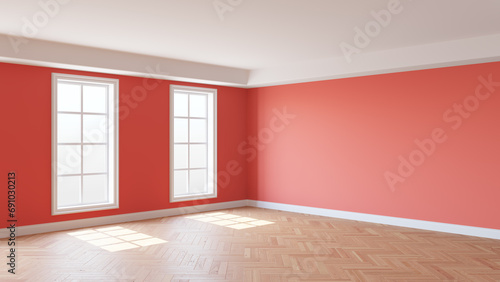 Interior with Light Red Walls  Two Windows  White Ceiling and Cornice  Glossy Herringbone Parquet Flooring and a White Plinth. Beautiful Room Concept. 3D rendering  8K Ultra HD  7680x4320  300 dpi