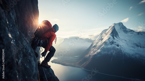 Climber Ascending a Rocky Mountain Face