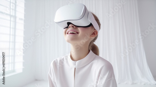 Portrait of a happy smiling enthusiastic Caucasian child girl blonde person in a virtual reality headset in a white room.