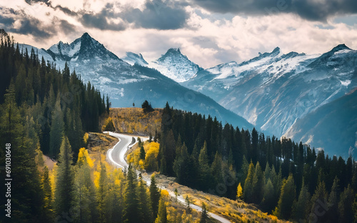 Majestic Winter Serenity, A Snowy Mountain Pass Journey Amidst Evergreen Splendor photo