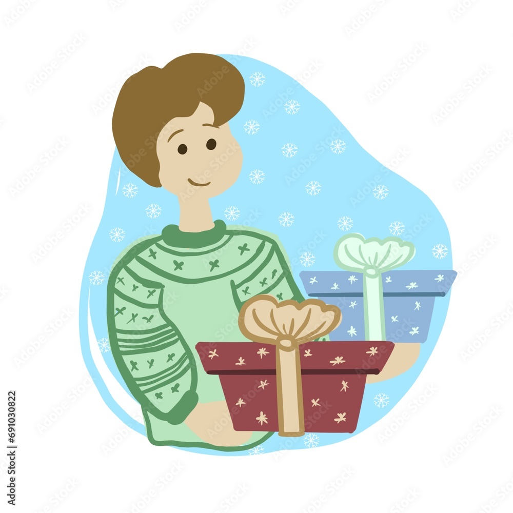 child with gifts boy and gifts, boy gives gifts, sweater with ornament pattern, snowflakes child with gifts boy and gifts, boy gives gifts, sweater with ornament pattern, snowflakes