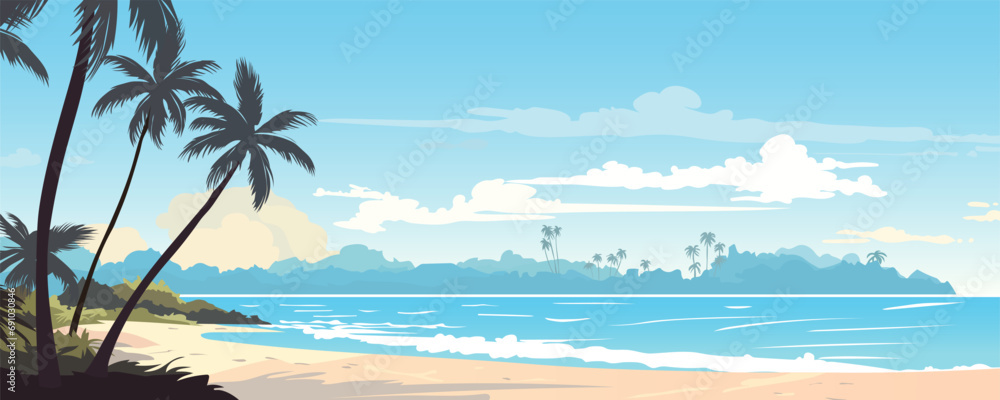 Beautiful landscape of paradise beach. Sandy tropical beach, sea waves, palm trees, plants and amazing clouds. Beach holiday. Vector illustration for banner, poster, card, cover.