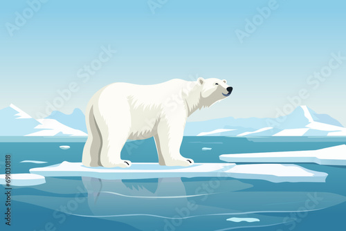 Beautiful polar bear on an ice floe. A polar bear floats on an ice floe against a landscape of large glaciers and icebergs. Vector illustration for postcard, poster, cover or design. photo