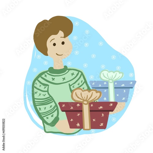 child with gifts boy and gifts, boy gives gifts, sweater with ornament pattern, snowflakes
