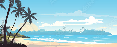 Beautiful landscape of paradise beach. Sandy tropical beach, sea waves, palm trees, plants and amazing clouds. Beach holiday. Vector illustration for banner, poster, card, cover. photo