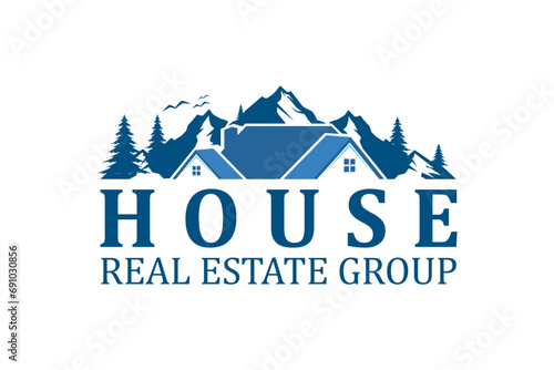 Real estate property logo with rocky mountain background, circular frame logo badge template.