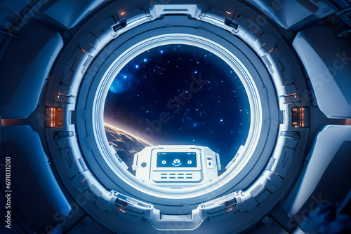 Spacecraft cabin with a round window, stunning bright universe view © Adrian Grosu