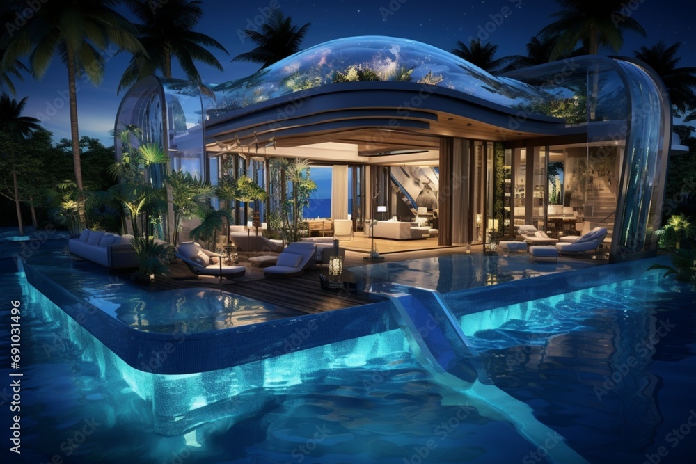 A lavish pool area with a swim-up bar, underwater lighting, and a surrounding lounge area.