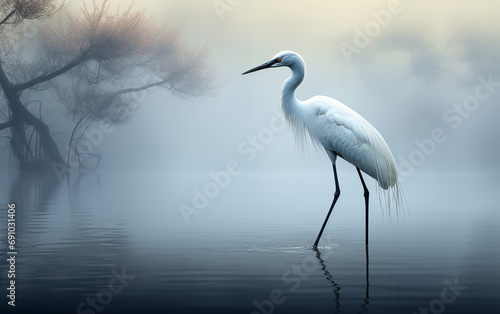 Crane in the lake,created with Generative AI tecnology. © henvryfo