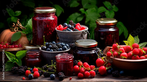 Various jams in jars with berries and fruits. Selective focus.