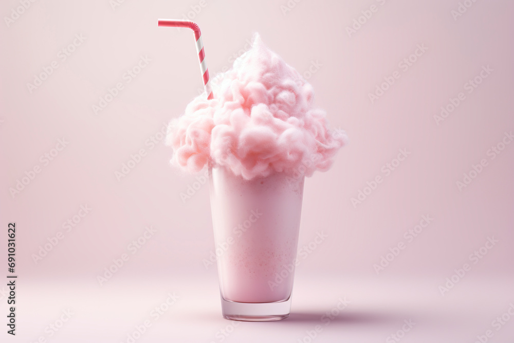 A 3D rendering of an irresistible pink cotton candy milkshake in the digital sphere. Cotton candy in a milkshake glass with delicate texture in an appetizing view. A 3D rendering of an irresistible pink cotton candy milkshake in the digital sphere. Cotton candy in a milkshake glass with delicate texture in an appetizing view.