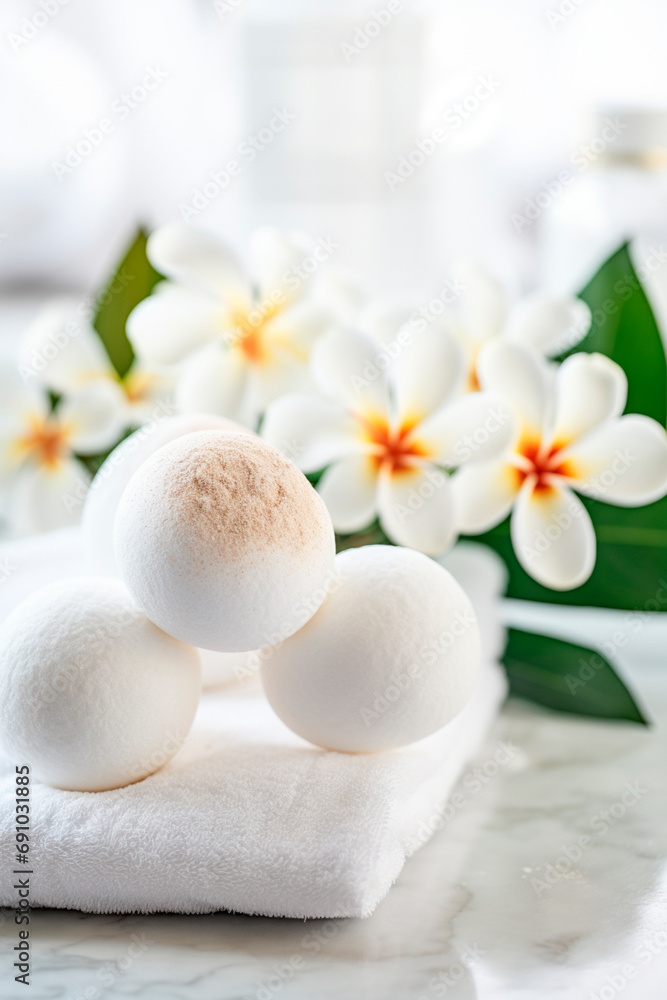 Spa towels and plumeria flowers. Selective focus.