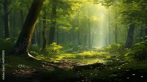 the serenity of a forest glade, with sunlight filtering through newly budding leaves, casting a gentle green glow. © Ahmad