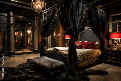 A luxurious bedroom with a four-poster bed, silk drapes, and a plush, fur rug.