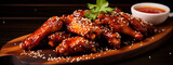 Asian wings with sesame seeds on a plate. Selective focus.