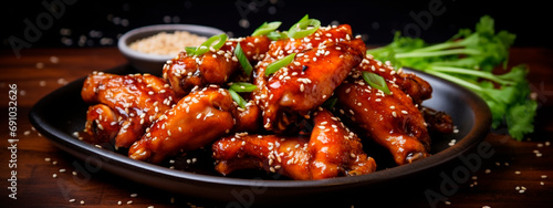 Asian wings with sesame seeds on a plate. Selective focus.