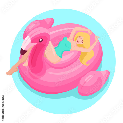 Woman swimming on pink flamingo float circle in blue ocean waves. Vector illustration