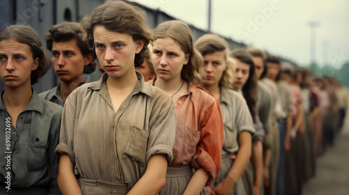 Representation of a women's prison camp in central Europe in the 1940s. Women prisoners in a Ukrainian war camp lined up for body checks. Close-up of women prisoners during the war. photo