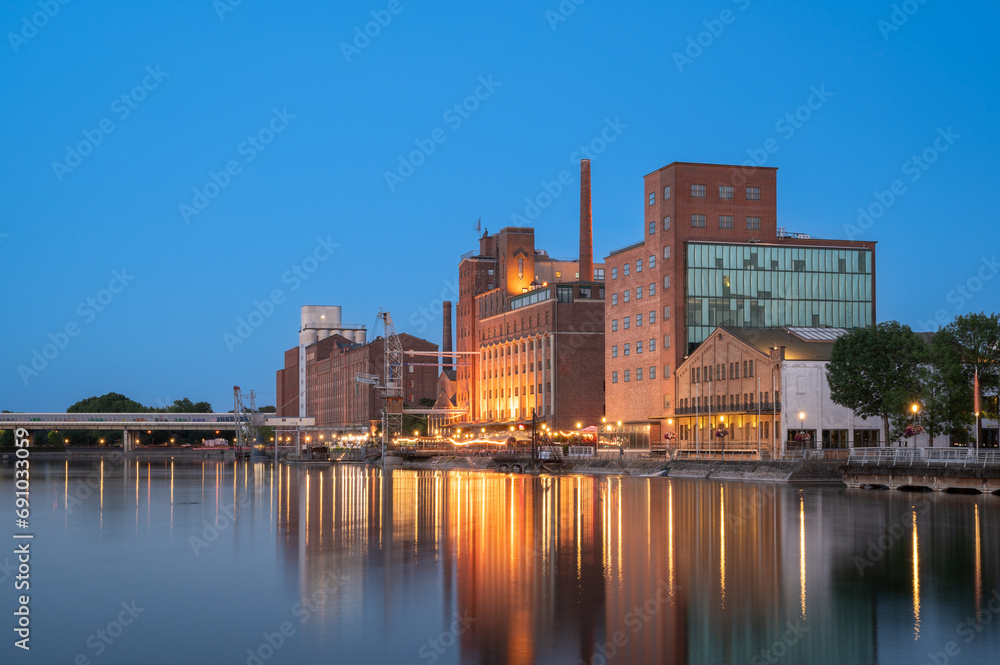 Evening View of the so called Innenhafen of Duisburg, Germany