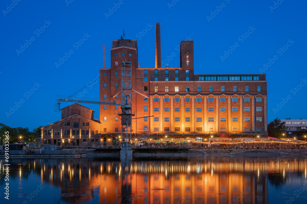 Evening View of the so called Innenhafen of Duisburg, Germany