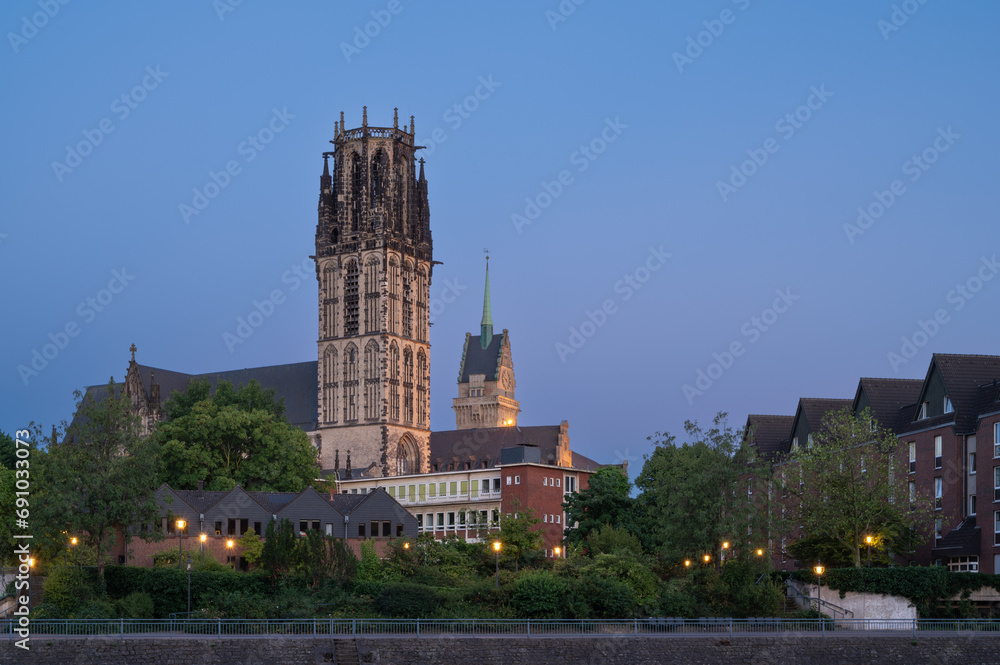 Cityscape of Duisburg at Dusk, View of Old Town and Salvator Church.