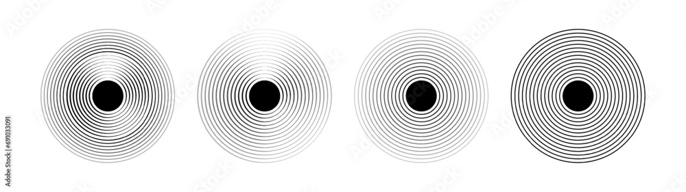 Sound pulsation of a circular wave pack. Radio signal or splash of water. Isolated set of vector elements on white background. Sound pulsation of a circular wave pack. Radio signal or splash of water. Isolated set of vector elements on white background.