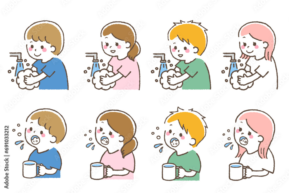 手洗いうがいをしている子供たち。感染予防。