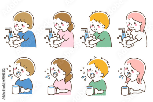 手洗いうがいをしている子供たち。感染予防。