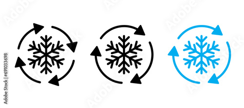 Snowflake with rotation arrows. Freezer control, auto cooling or defrost for car or house, Fahrenheit or Celsius app. Lowest temperature limit. Snow flowers. Air conditioner or air conditioning.