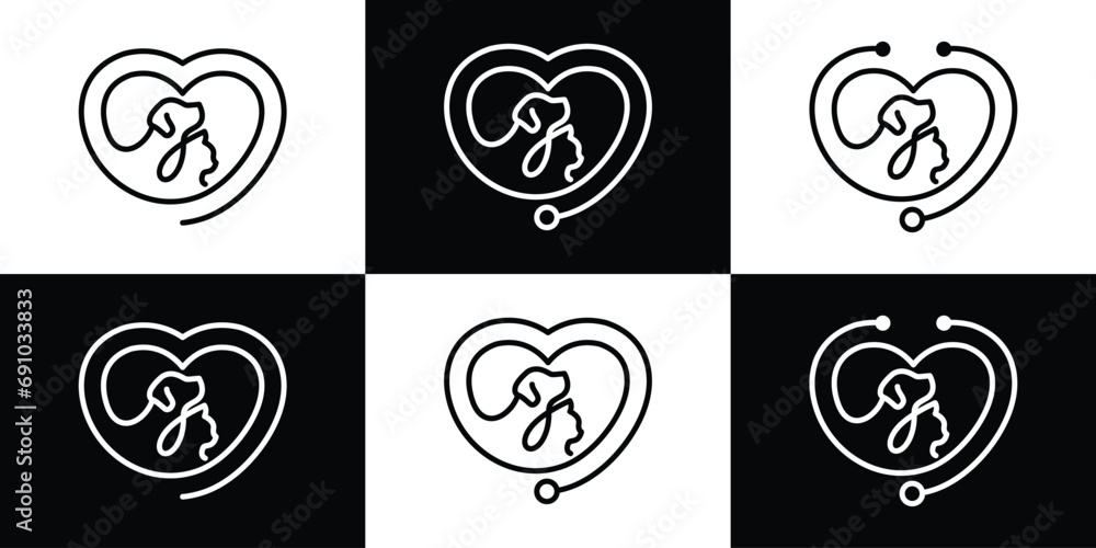 Love Pet Care Logo Design. Dog Cat and Love Concept with Outline Lineart Style. Icon Symbol Vector Design Template.