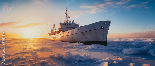 Icebreaker ship anchored in the frozen sea against a golden sunrise, with a clear sky and icy foreground.