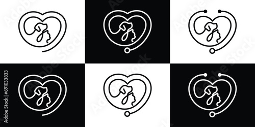 Love Pet Care Logo Design. Dog Cat and Love Concept with Outline Lineart Style. Icon Symbol Vector Design Template.