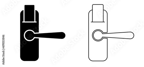 Digital door Handle. NFC key card or pass. Security door knob or doorknob transmitter. key for login, password. Remote control key for for automatic open, close or electronic unlock and lock