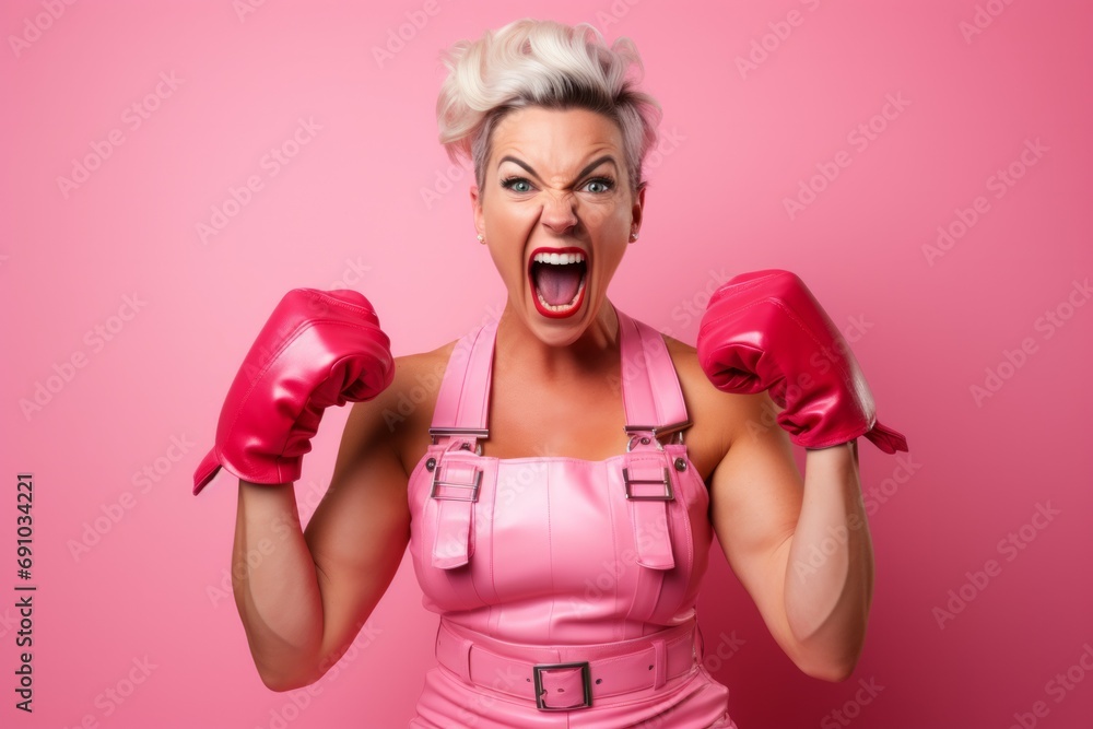 A Fight for Breast Cancer woman with symbol on pink background A Fight for Breast Cancer woman with symbol on pink background