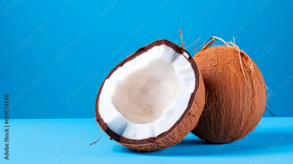 Coconut on a blue background. Selective focus. Coconut on a blue background. Selective focus.