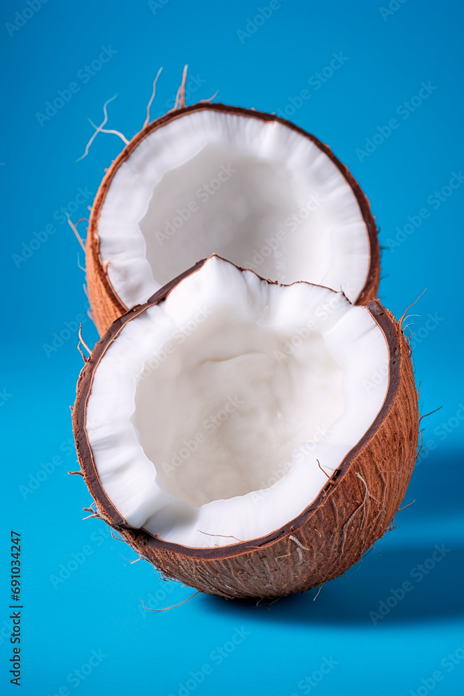 Coconut on a blue background. Selective focus. Coconut on a blue background. Selective focus.