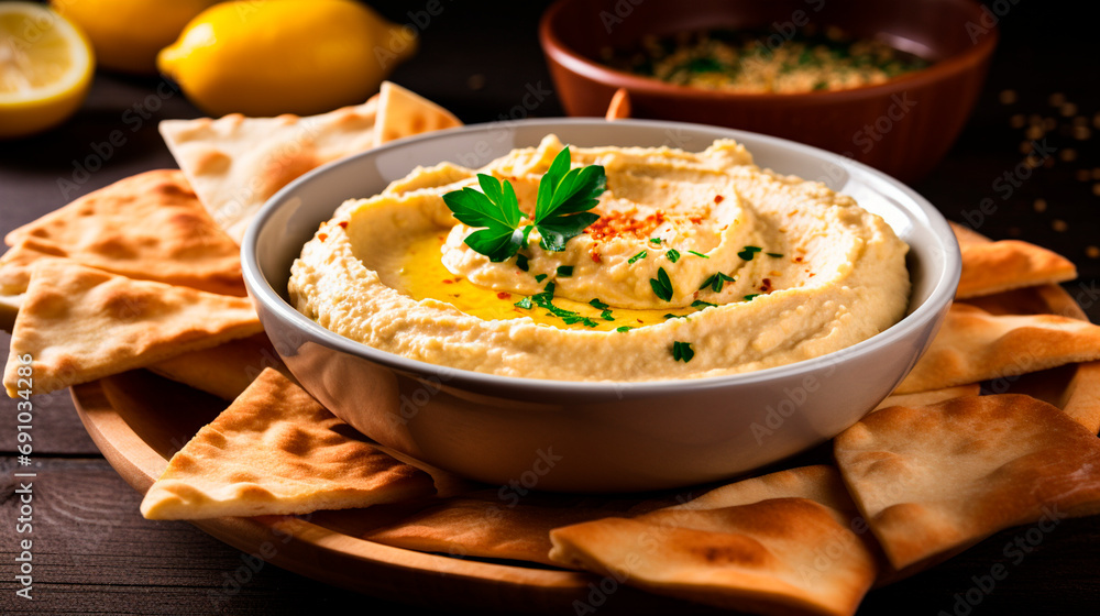 Hummus and flatbreads on the table. Selective focus. Hummus and flatbreads on the table. Selective focus.