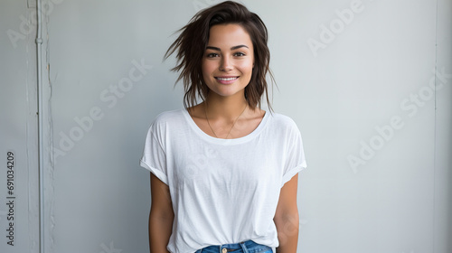 Portrait of young beautiful woman in jeans and T-shirt hold hands in pockets look at camera pose for picture. Beautiful young female model wearing white t-shirt, copy space photo